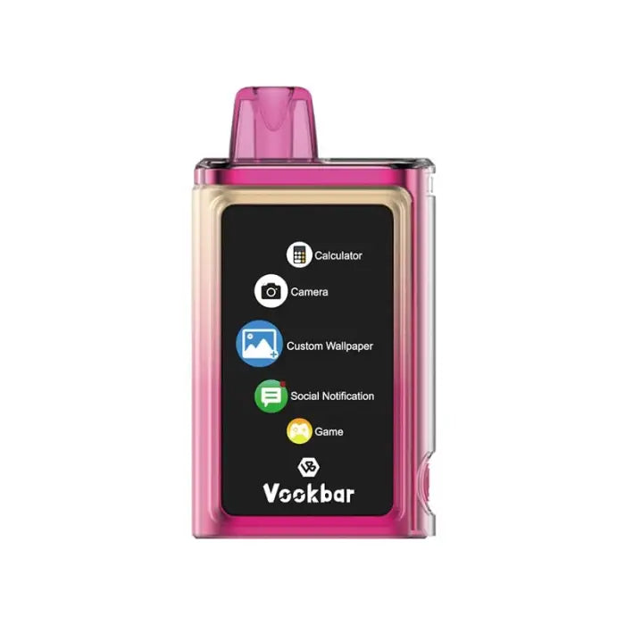 Pink electronic device with a touchscreen display showing app icons.