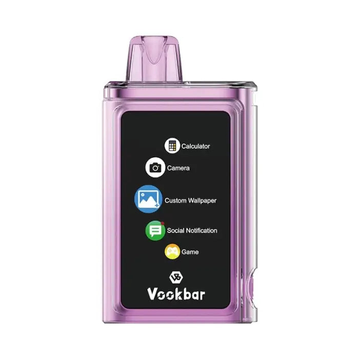 Pink electronic device with a screen displaying app icons, labeled ’Vookbar’ at the bottom.