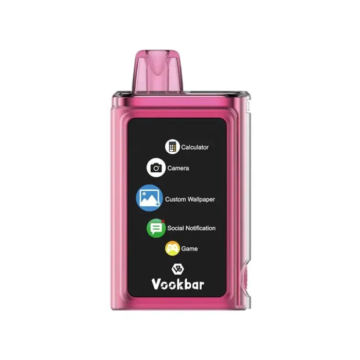 Pink electronic device with a screen displaying app icons and the ’Vookbar’ brand name.