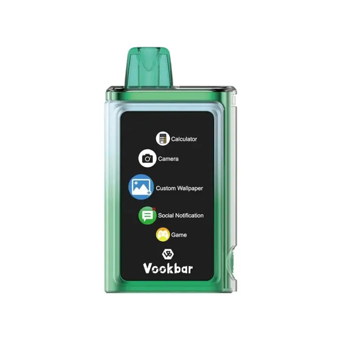 Green electronic vaping device with a small screen displaying app icons.