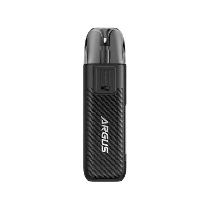 Sleek black electronic vaping device with ’Argus’ branding and a carbon fiber-like texture.