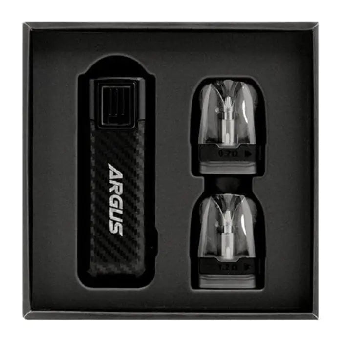 Vaping device kit with a battery and two refill pods.