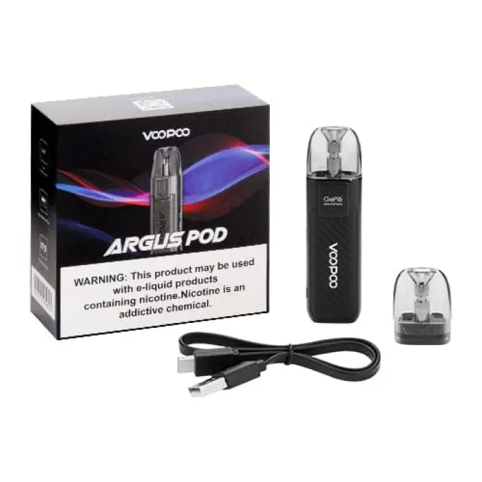 Vaping device kit called ’Argus Pod’ with packaging, device, and charging cable.