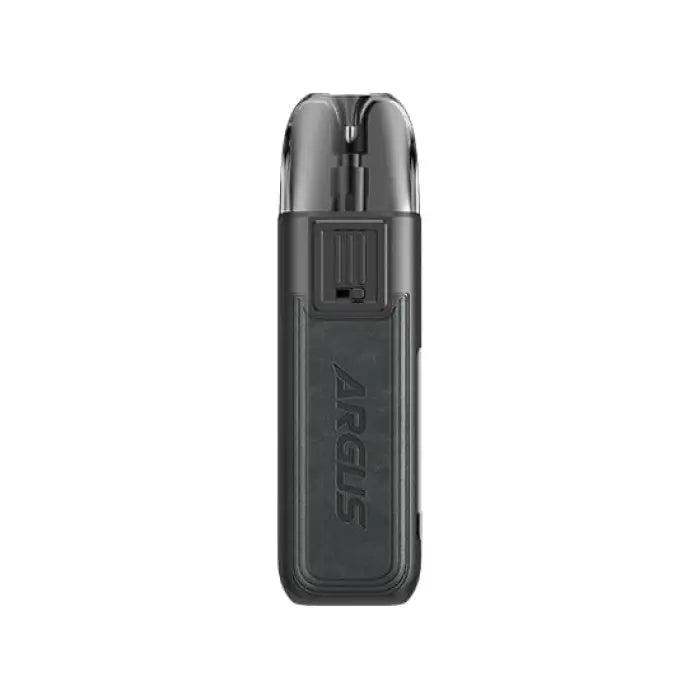 Sleek, dark gray electronic vaping device with a transparent mouthpiece.