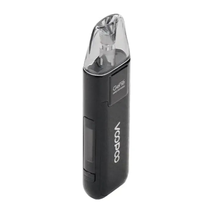 Sleek black electronic vaping device with a clear mouthpiece.