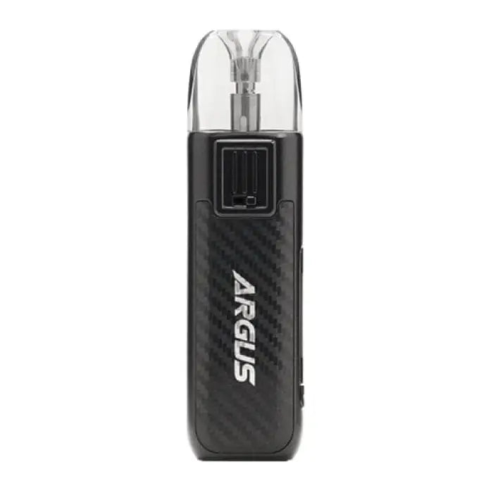 Sleek black electronic vaping device with a clear mouthpiece and ’ARGUS’ branding.