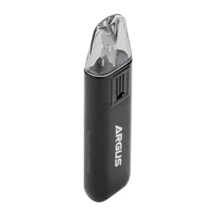 Sleek black electronic vaping device with a clear mouthpiece and ’ARGUS’ branding.