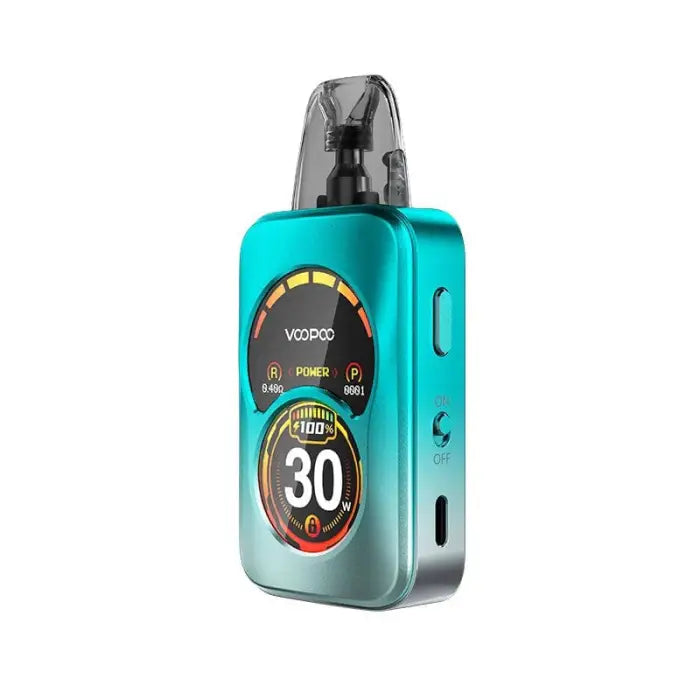 Teal-colored electronic vaping device with a digital display showing the number 30.