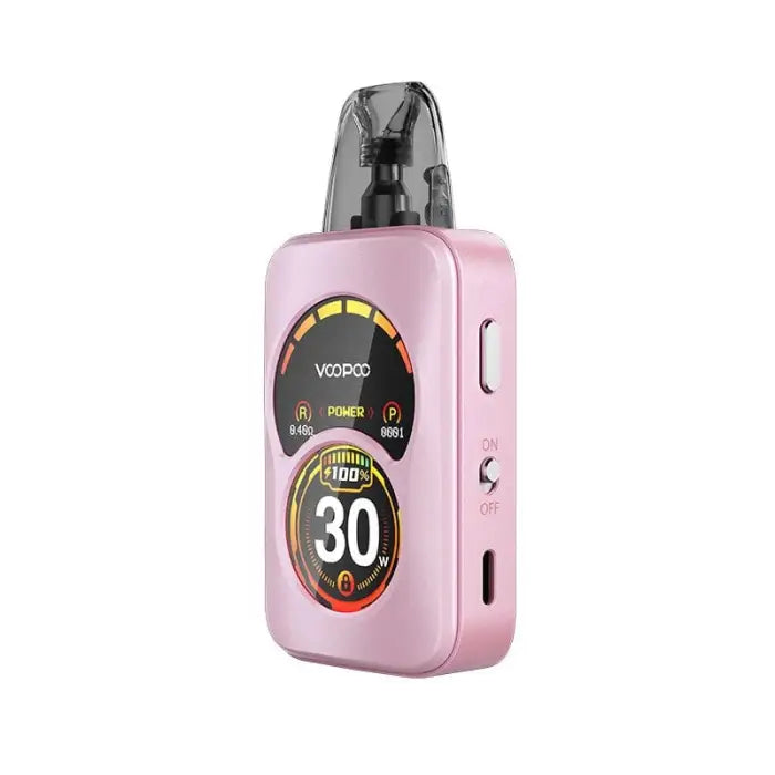 Pink electronic vaping device with a digital display showing the number 30.