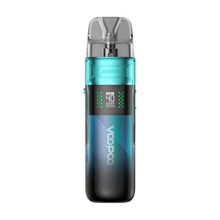 Sleek electronic vaping device with a teal and black gradient design.