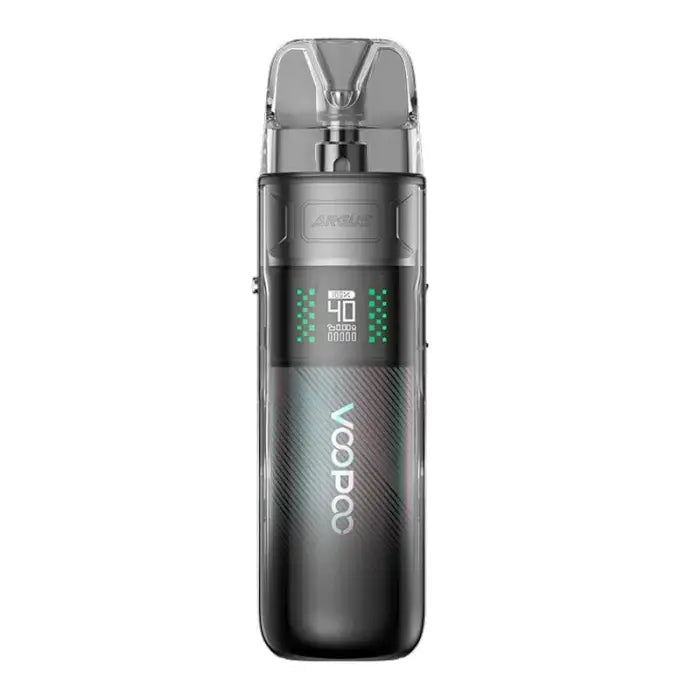 Sleek black and silver electronic vaping device with a digital display.