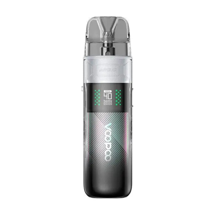 Sleek electronic vaping device with a gradient color scheme and digital display.