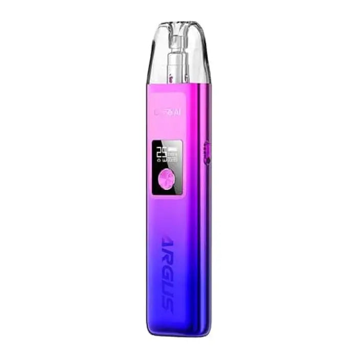 Gradient-colored electronic vaping device with a small digital display screen.