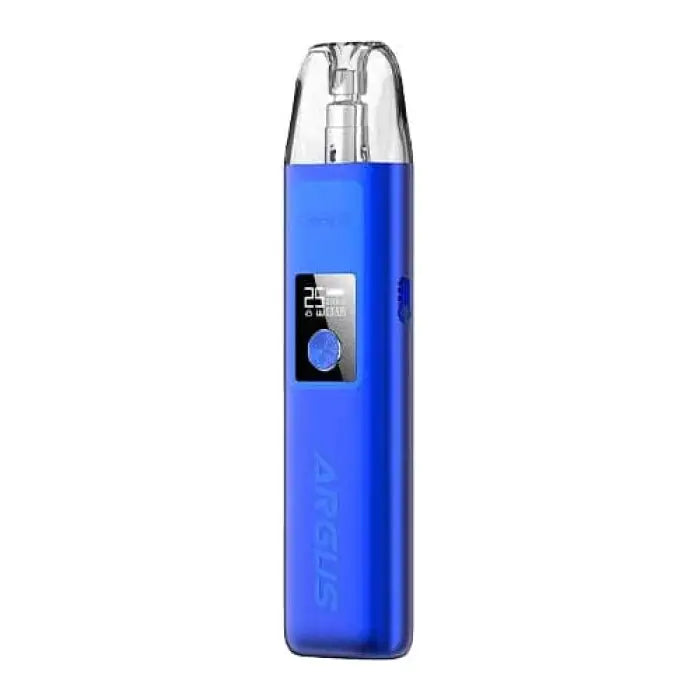 Blue electronic vaping device with a clear mouthpiece and small display screen.