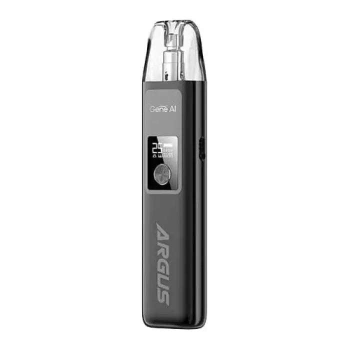 Sleek, dark gray electronic vaping device with a small display screen and transparent mouthpiece.