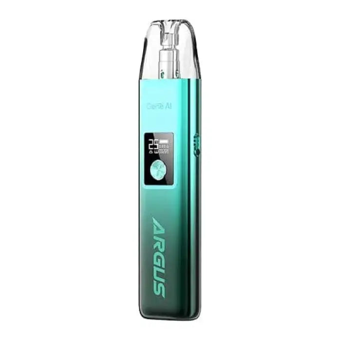 Teal-colored electronic vaping device with a small digital display screen.