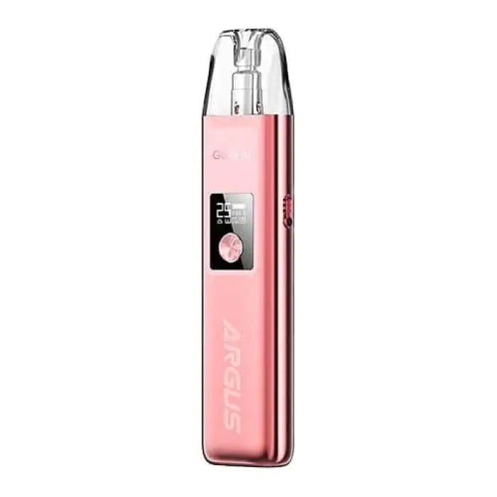 Pink electronic vaping device with a small display screen and metallic accents.