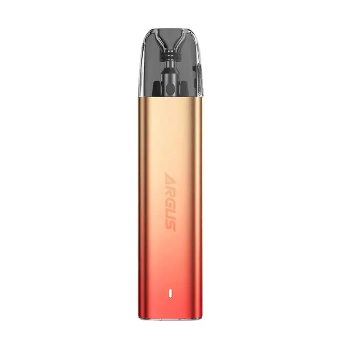 Sleek electronic vaping device with a gradient gold-to-red metallic body and clear mouthpiece.