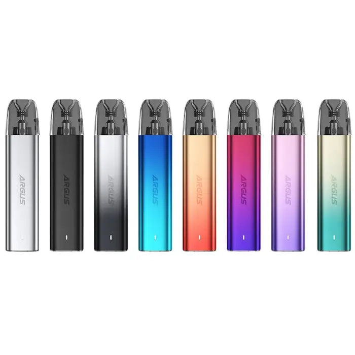 Row of colorful electronic vaping devices or e-cigarettes in various metallic finishes.