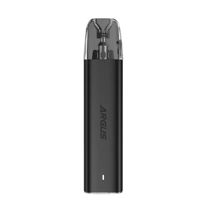 Black electronic vaping device with a clear mouthpiece.