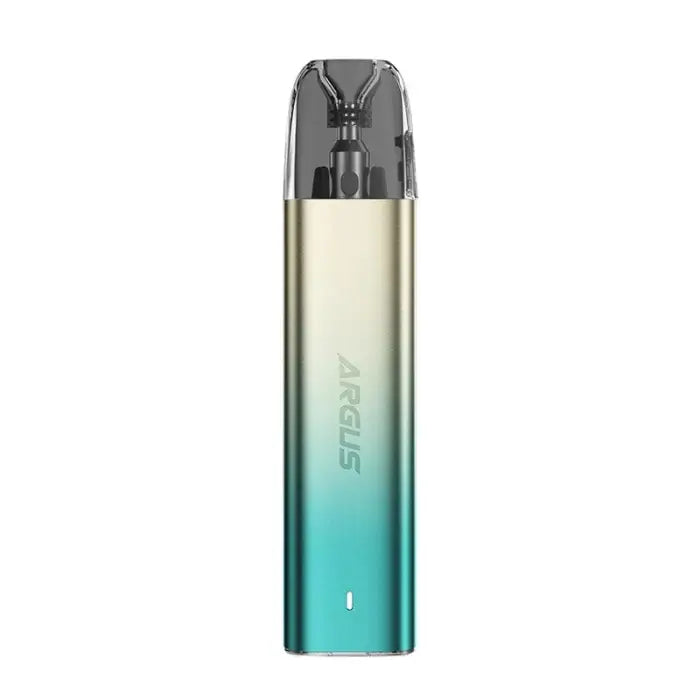 Gradient-colored electronic vaping device with a clear mouthpiece.