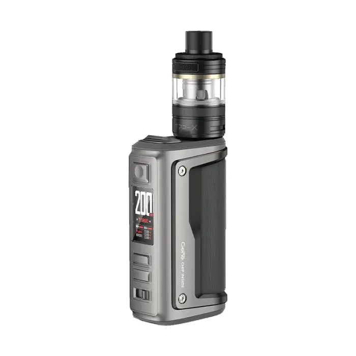 Electronic vaping device with a digital display and tank attachment.