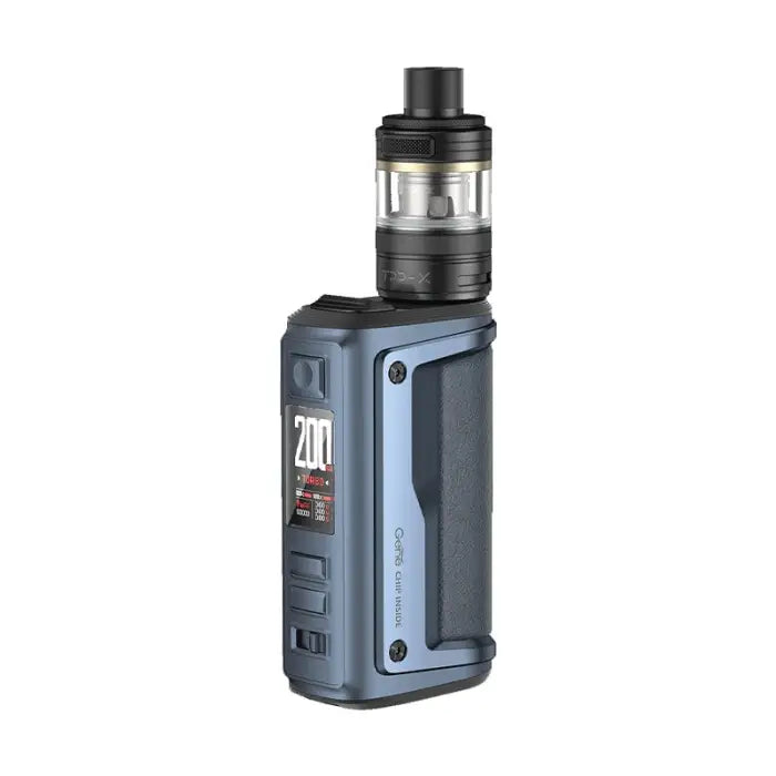 Electronic vaping device with a digital display and tank attachment.