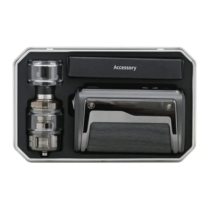 Vaping device kit with accessories in a compartmentalized case.