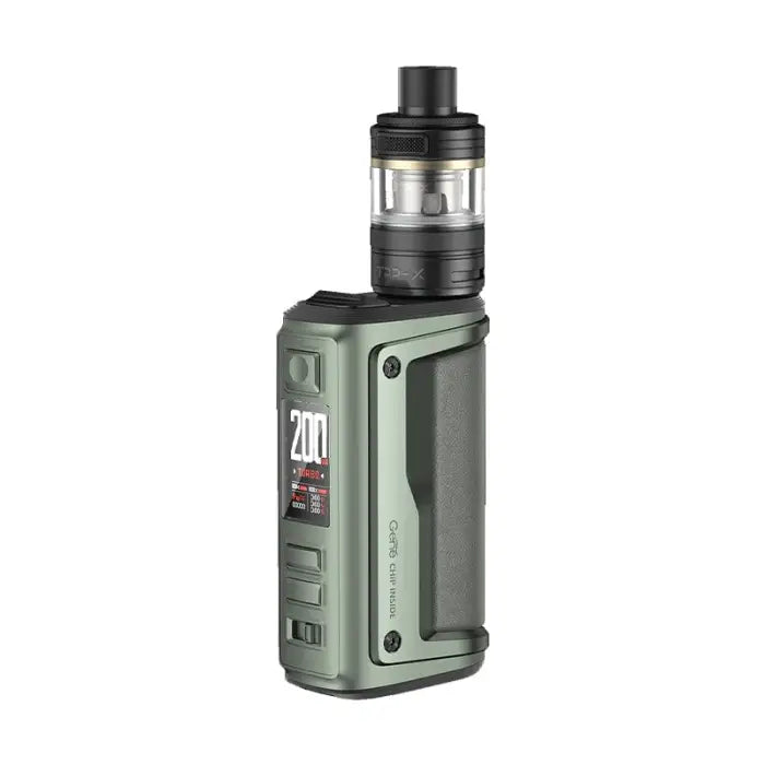 Electronic vaping device with a rectangular body and cylindrical tank attachment.