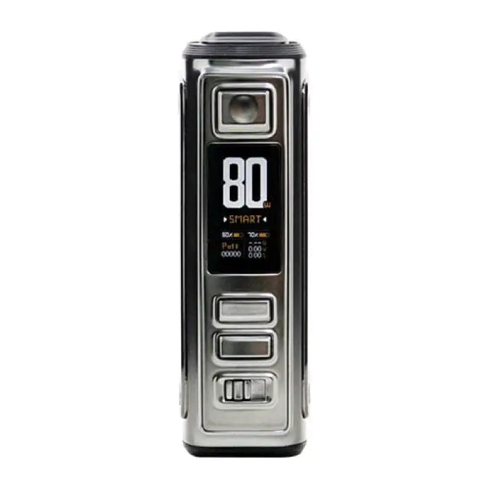 Electronic vaping device or mod with a digital display showing ’80’’ and control buttons.