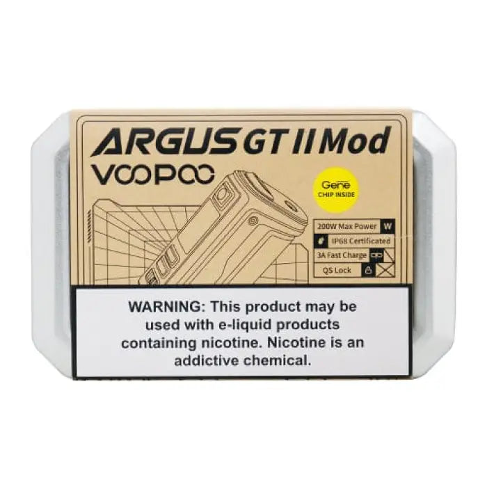 Product packaging for an Argus GT II Mod vaping device by VOOPOO.