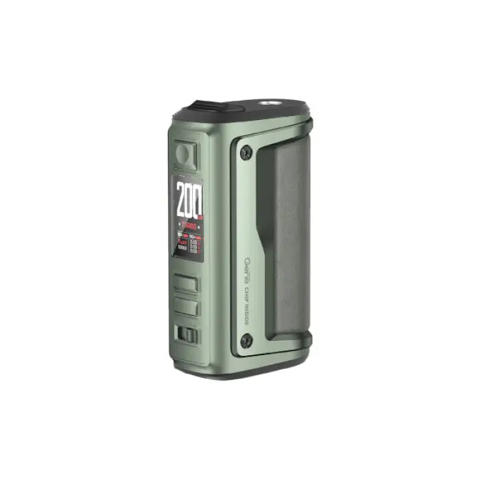 Electronic vaping device or mod in a green and gray color scheme.