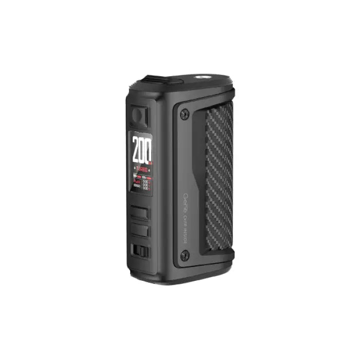 Electronic vaping device or mod with a digital display and carbon fiber-style accents.