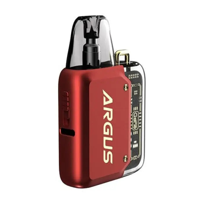 Red and silver electronic vaping device labeled ’ARGUS’.