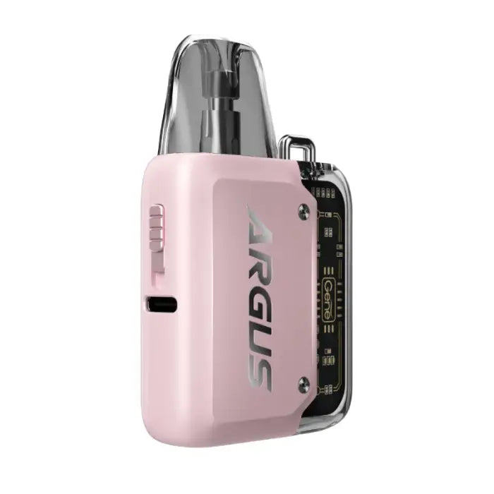 Pink electronic vaping device with a digital display and metallic components.