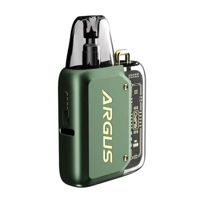 Compact green vaping device with ’ARGUS’ branding and a digital display.