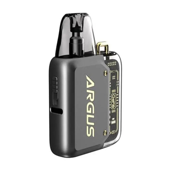 Compact electronic vaping device with ’ARGUS’ branding and adjustable settings.