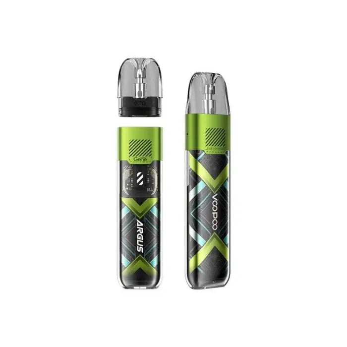 Two electronic vaping devices with green and gray geometric designs.