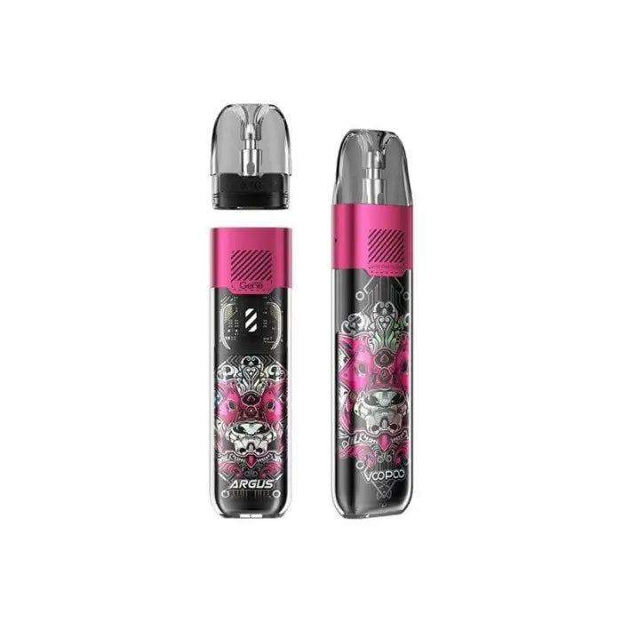 Two electronic vaping devices with pink accents and skull designs on the bodies.