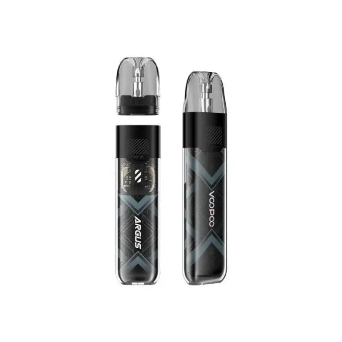 Two sleek, black and transparent electronic vaping devices with X-shaped designs.