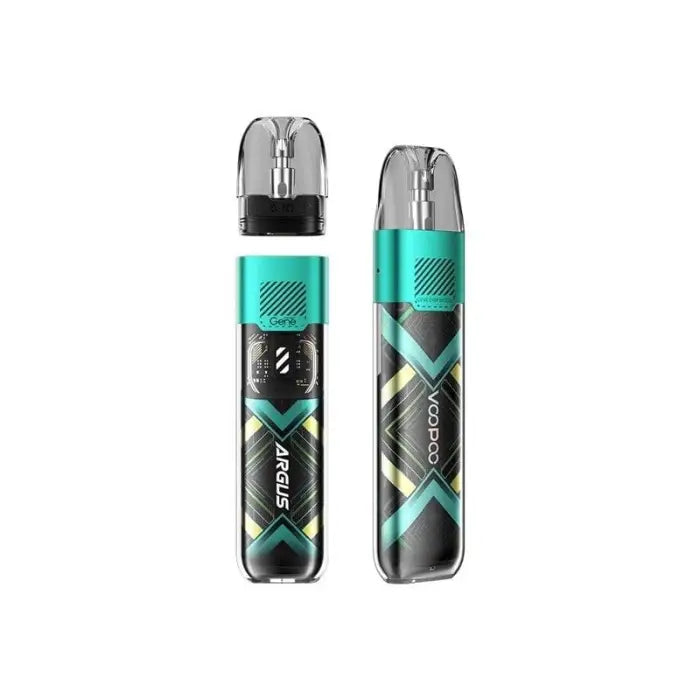 Two electronic vaping devices with turquoise and black geometric designs.