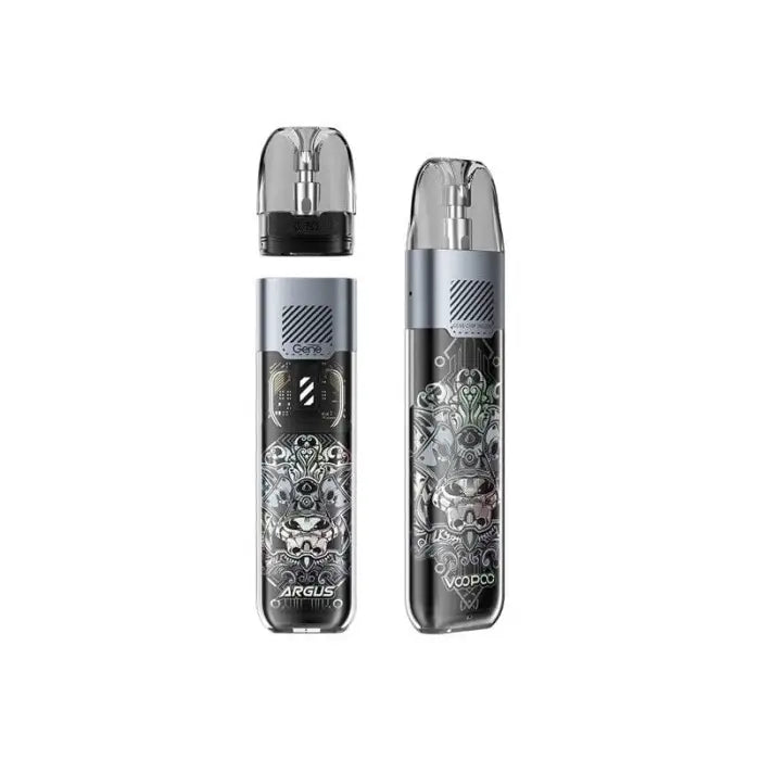 Two electronic vaping devices with decorative skull designs on their bodies.