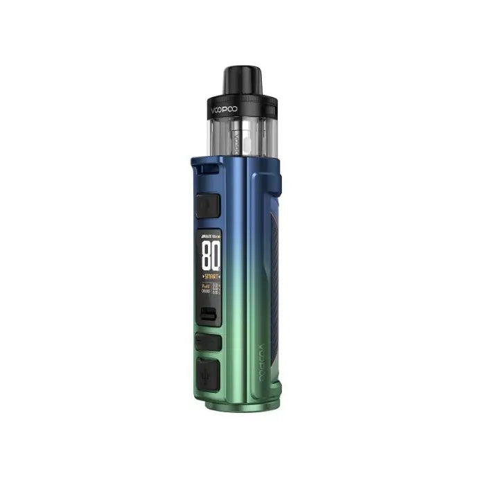 Vape device with a gradient blue-to-green metallic body and digital display.