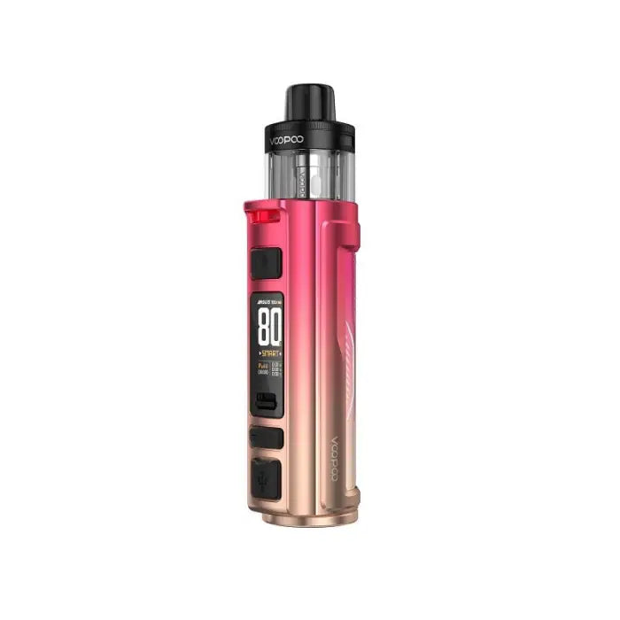 Electronic vaping device with a gradient pink-to-gold metallic body and digital display.