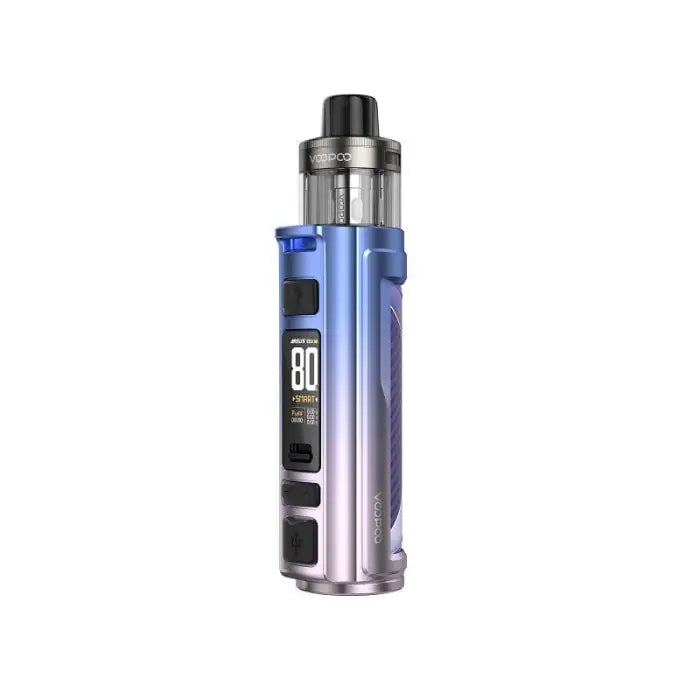 Vape device with a gradient blue-to-purple metallic body and digital display.