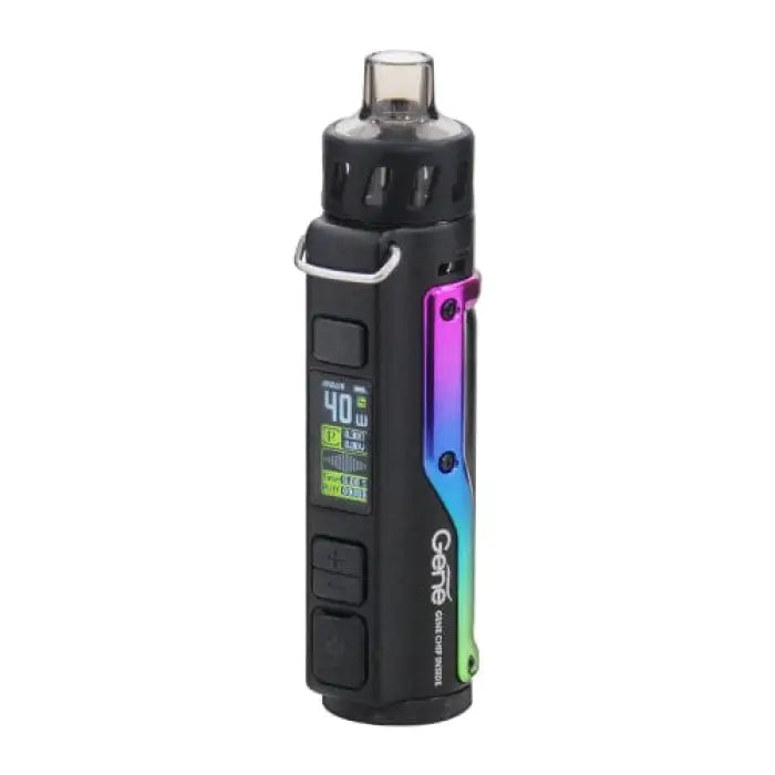 Electronic vaping device with a colorful side panel and digital display.