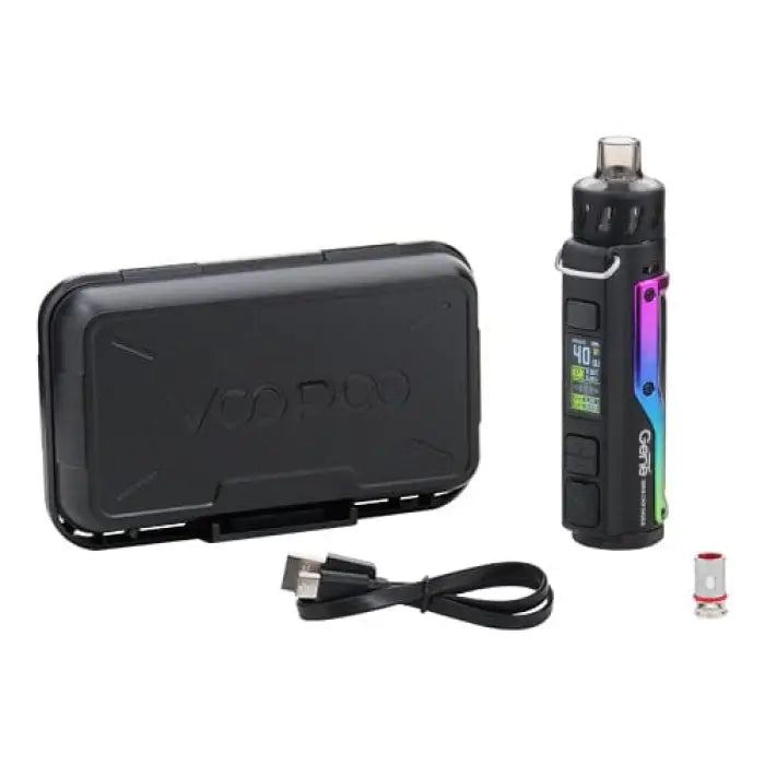 Handheld vaping device with a colorful gradient finish and digital display, accompanied by a carrying case and charging cable.