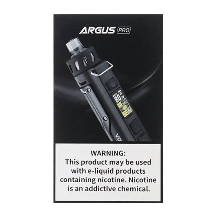 Electronic vaping device with a digital display, labeled ’ARGUS PRO’.