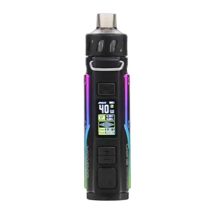 Electronic vaping device with a colorful gradient body and digital display screen.