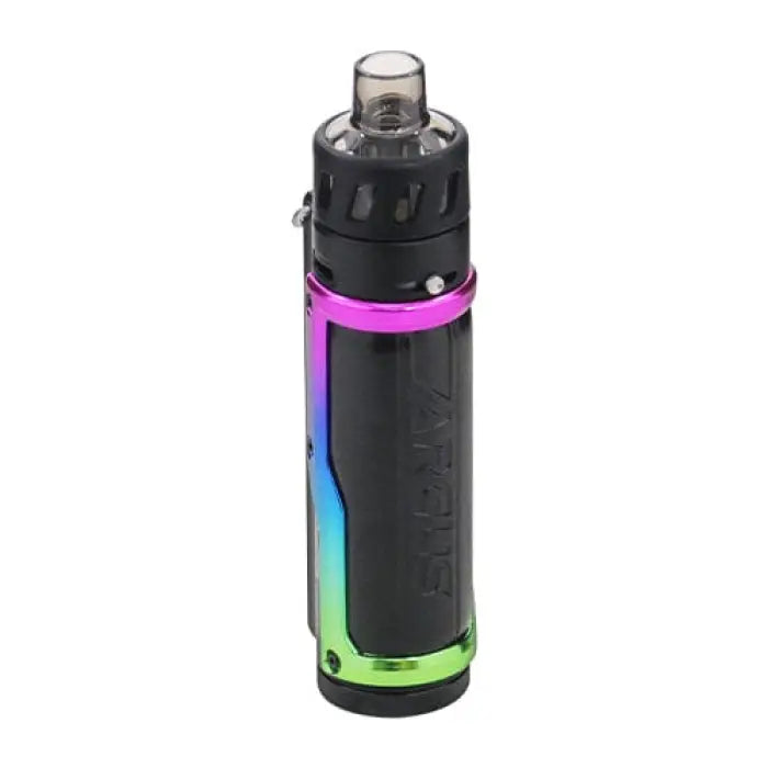 Cylindrical black vaping device with a colorful rainbow band around its base.